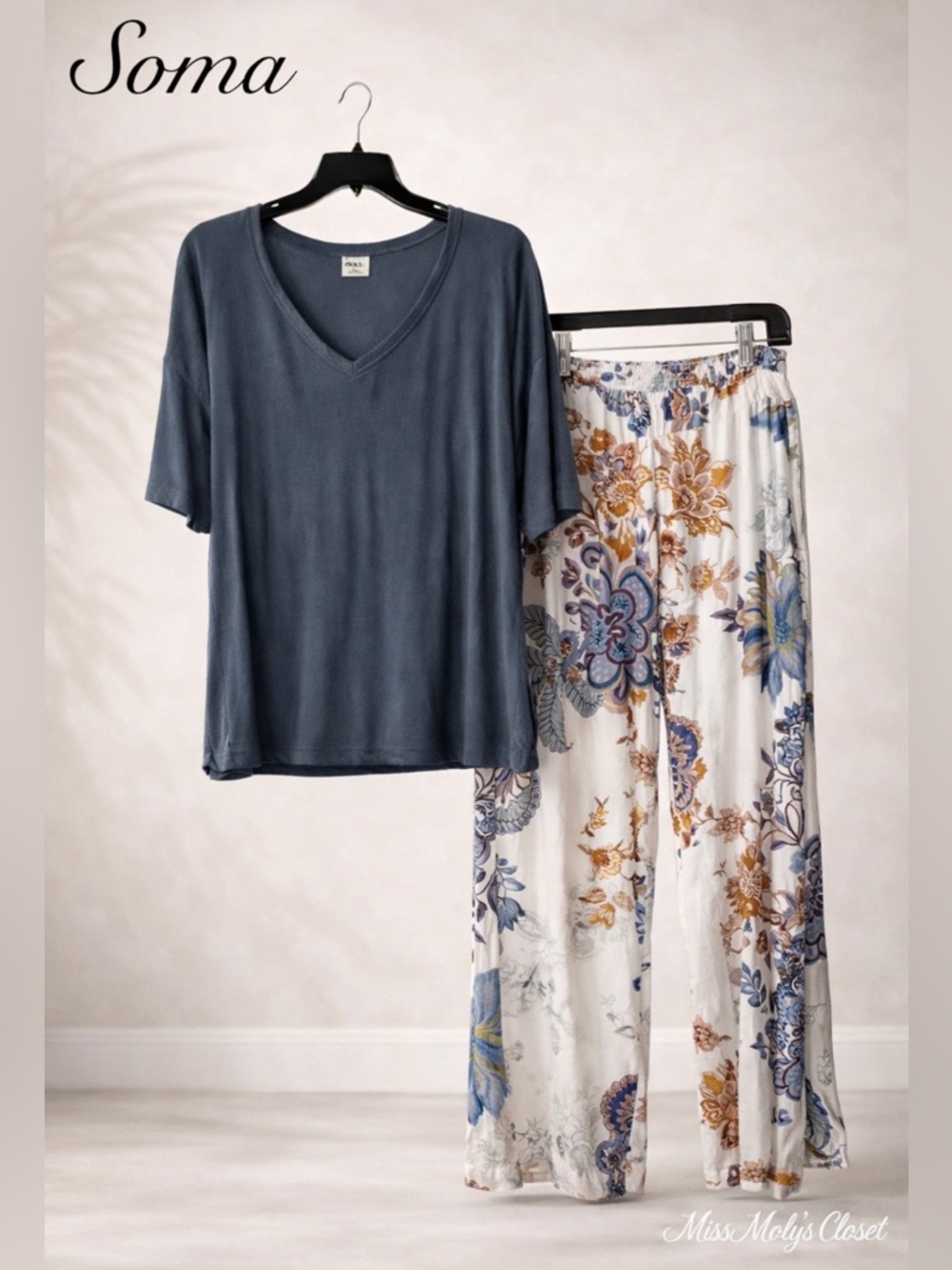 Soma Lounge Set Blue V-Neck Top XL & Floral Pants L Soft Stretch Comfy Luxury